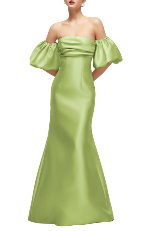 Off the Shoulder Puff Sleeve Satin Gown