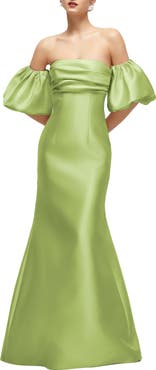 Alfred Sung Off the Shoulder Puff Sleeve Satin Gown