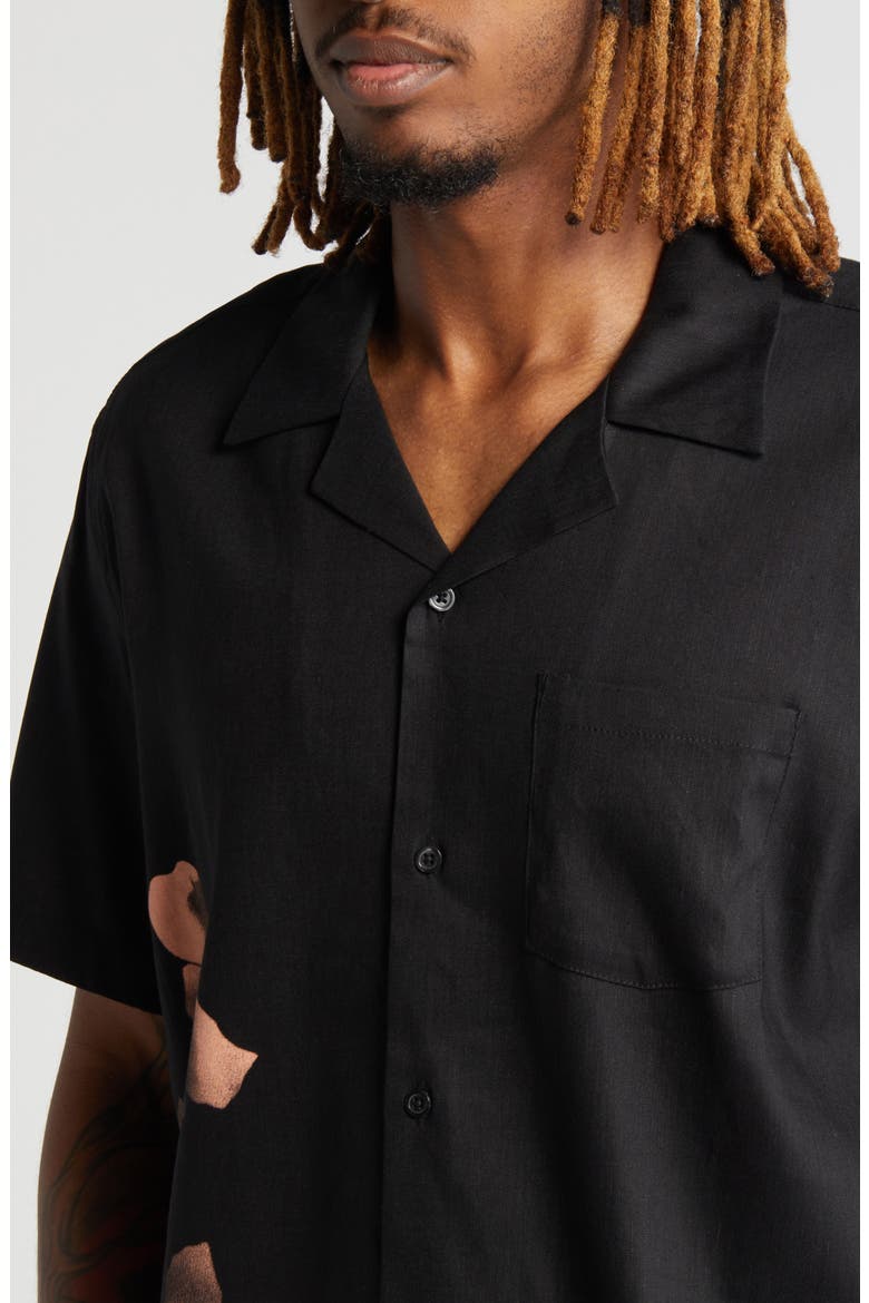 Canty Floral Impressions Linen Blend Camp Shirt, Alternate, color, BLACK