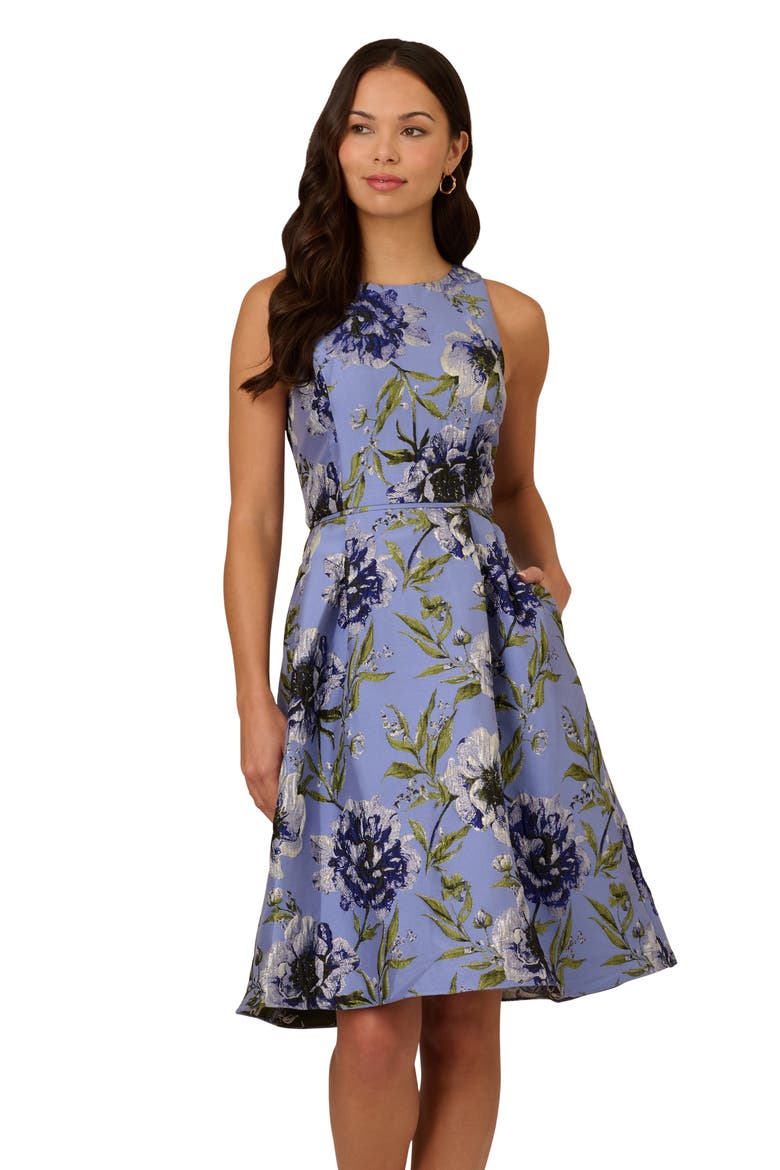 Floral Jacquard Cocktail Dress, Alternate, color, BLUE MULTI