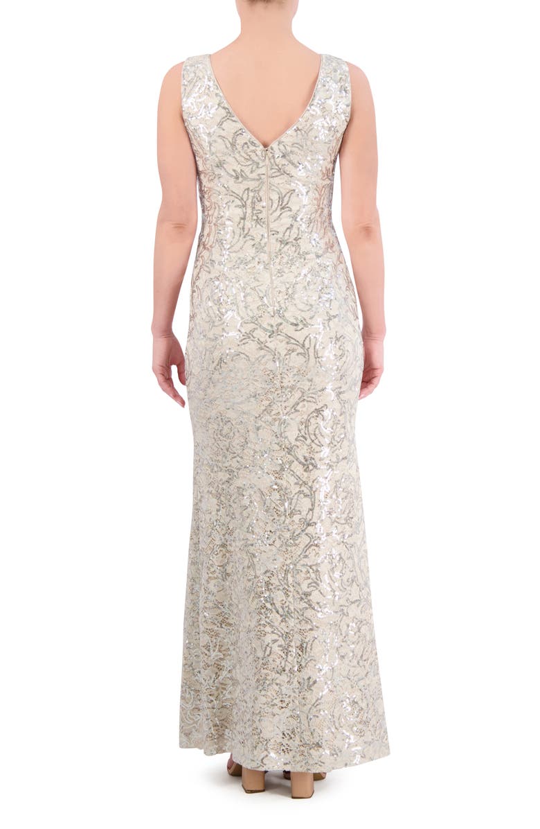 Eliza J Sequin Ruffle Sleeveless Lace Trumpet Gown, Alternate, color, Champagne