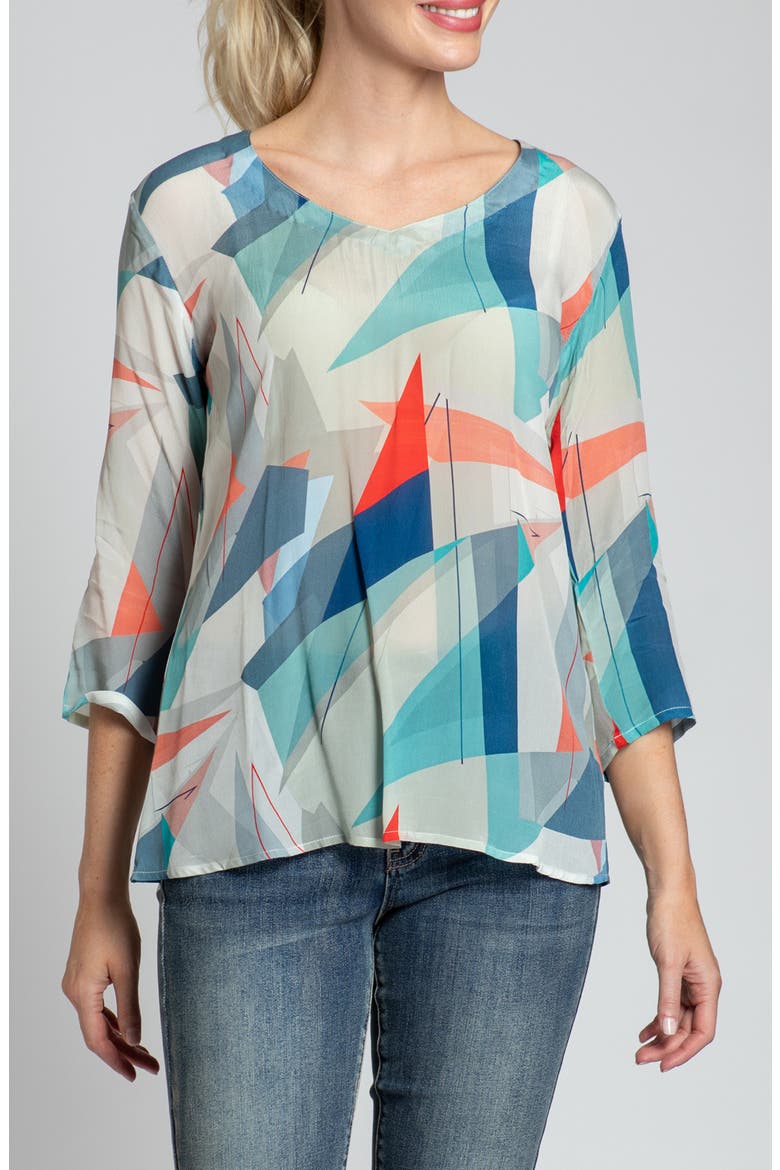 Print V-Neck Three-Quarter-Sleeve Chiffon Top, Main, color, GREEN MULTI