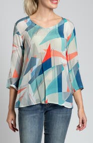APNY Print V-Neck Three-Quarter-Sleeve Chiffon Top