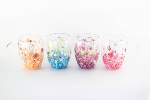 Double Wall Flower Mugs, Assorted Colors, Set of 4