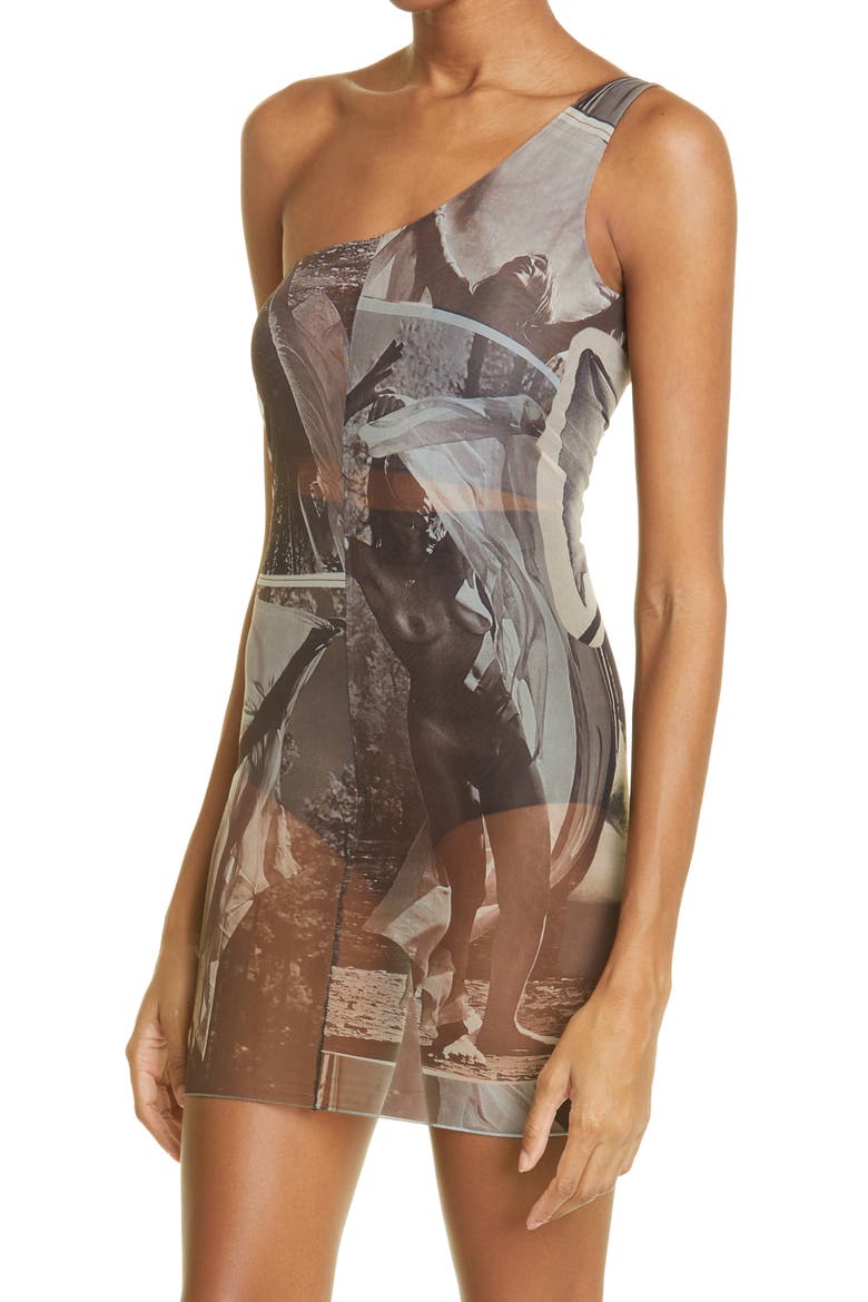 Float Print One-Shoulder Stretch Recycled Polyester Blend Mesh Minidress, Alternate, color, BEIGE MULTI