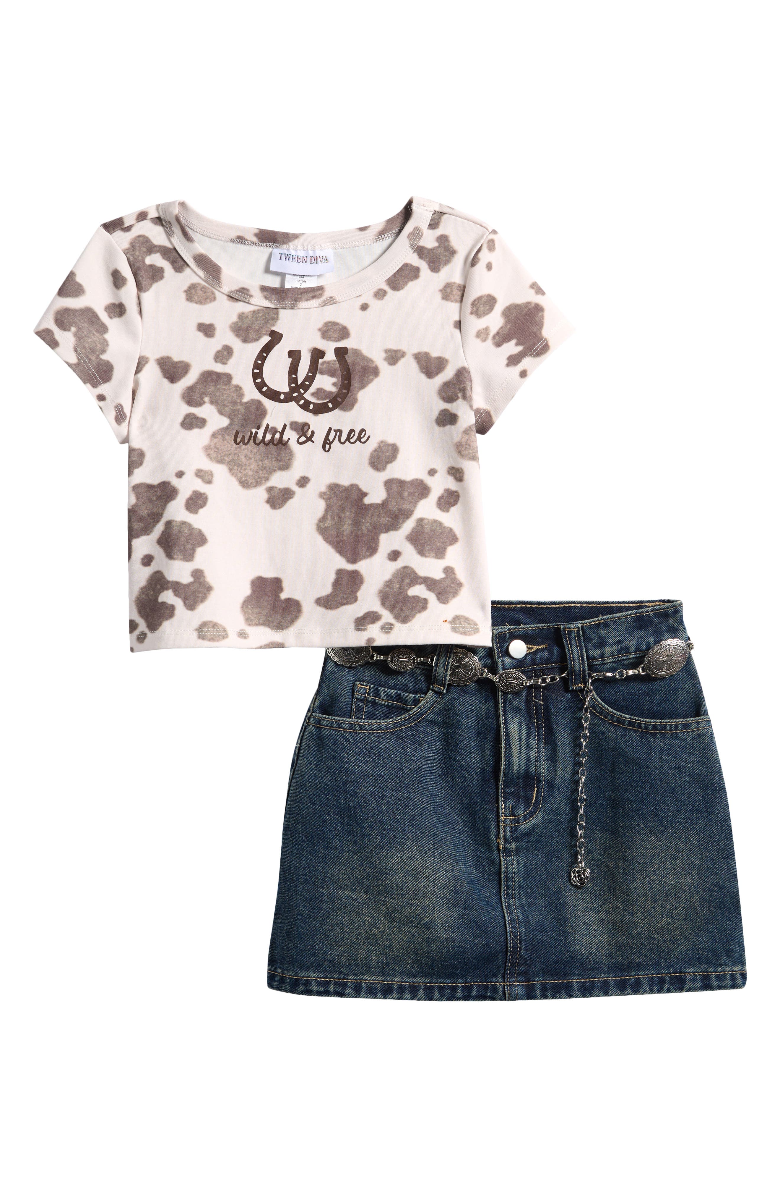 Kids' Cow Graphic T-Shirt, Denim Skirt & Belt Set