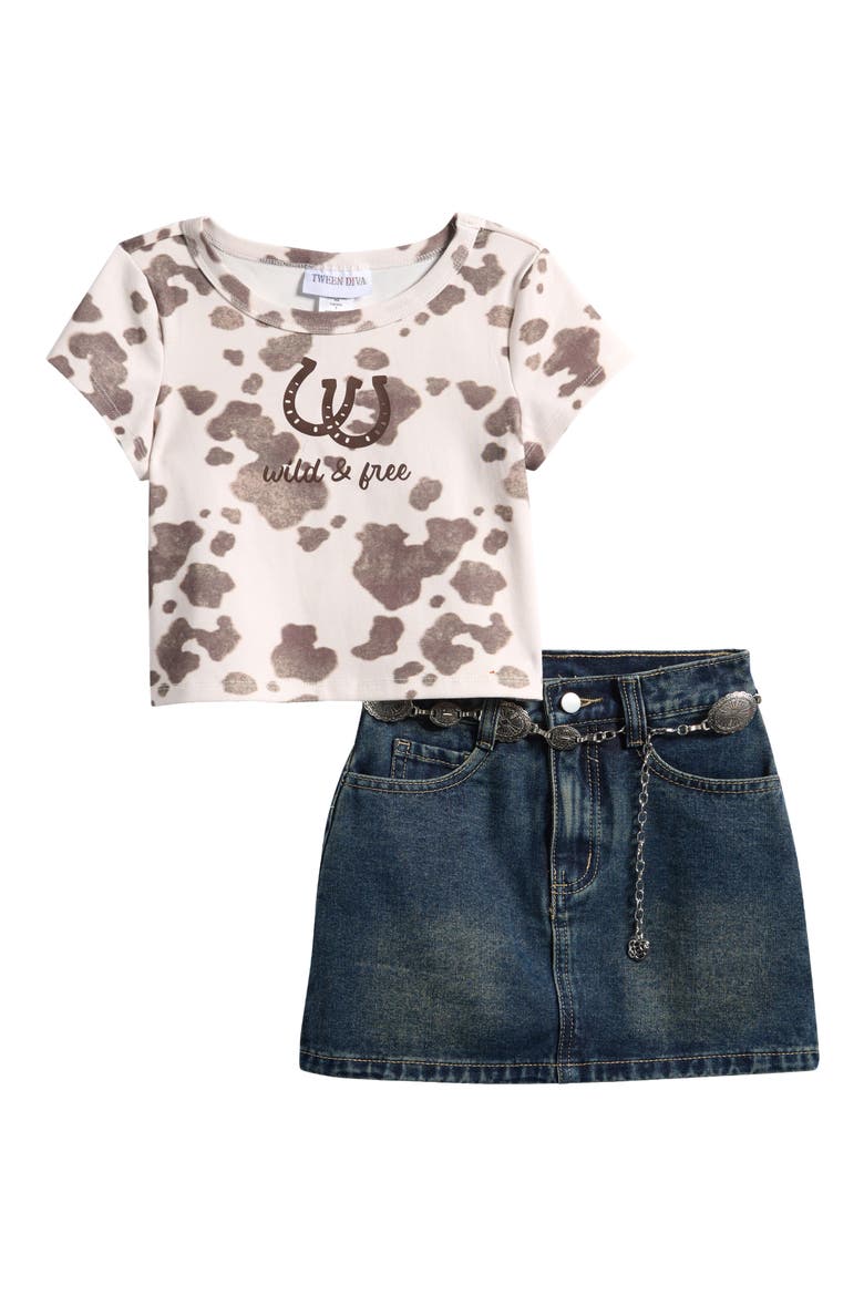 Kids' Cow Graphic T-Shirt, Denim Skirt & Belt Set, Main, color, BROWN