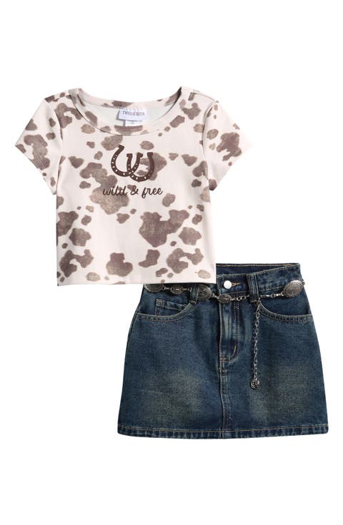 Kids' Cow Graphic T-Shirt, Denim Skirt & Belt Set