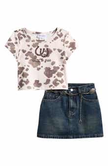 Kids' Cow Graphic T-Shirt, Denim Skirt & Belt Set