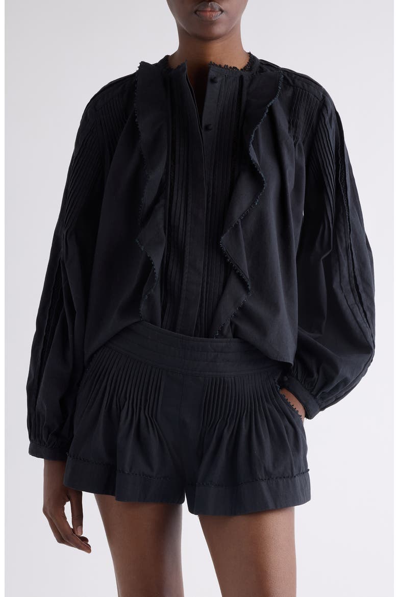 Cubraly Ruffle Cotton Button-Up Shirt, Main, color, BLACK