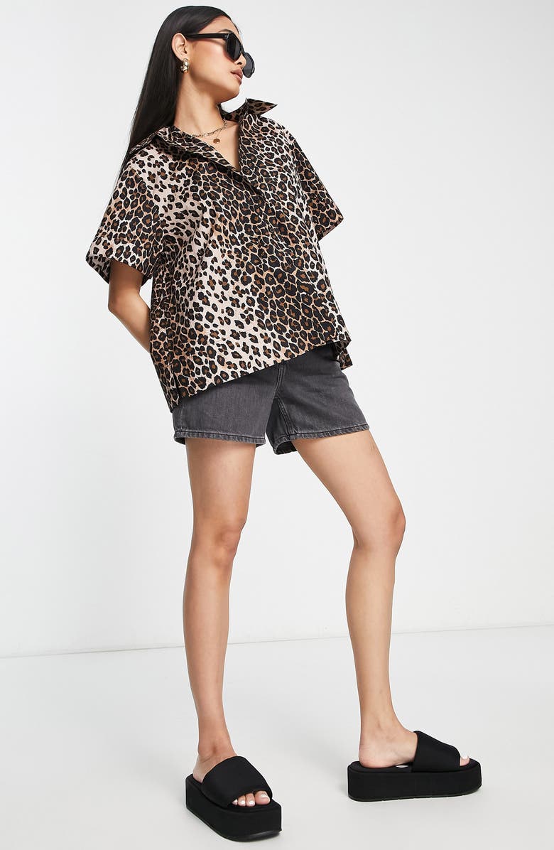 Topshop Women's Animal Print Short Sleeve Cotton Button-Up Shirt, Alternate, color,