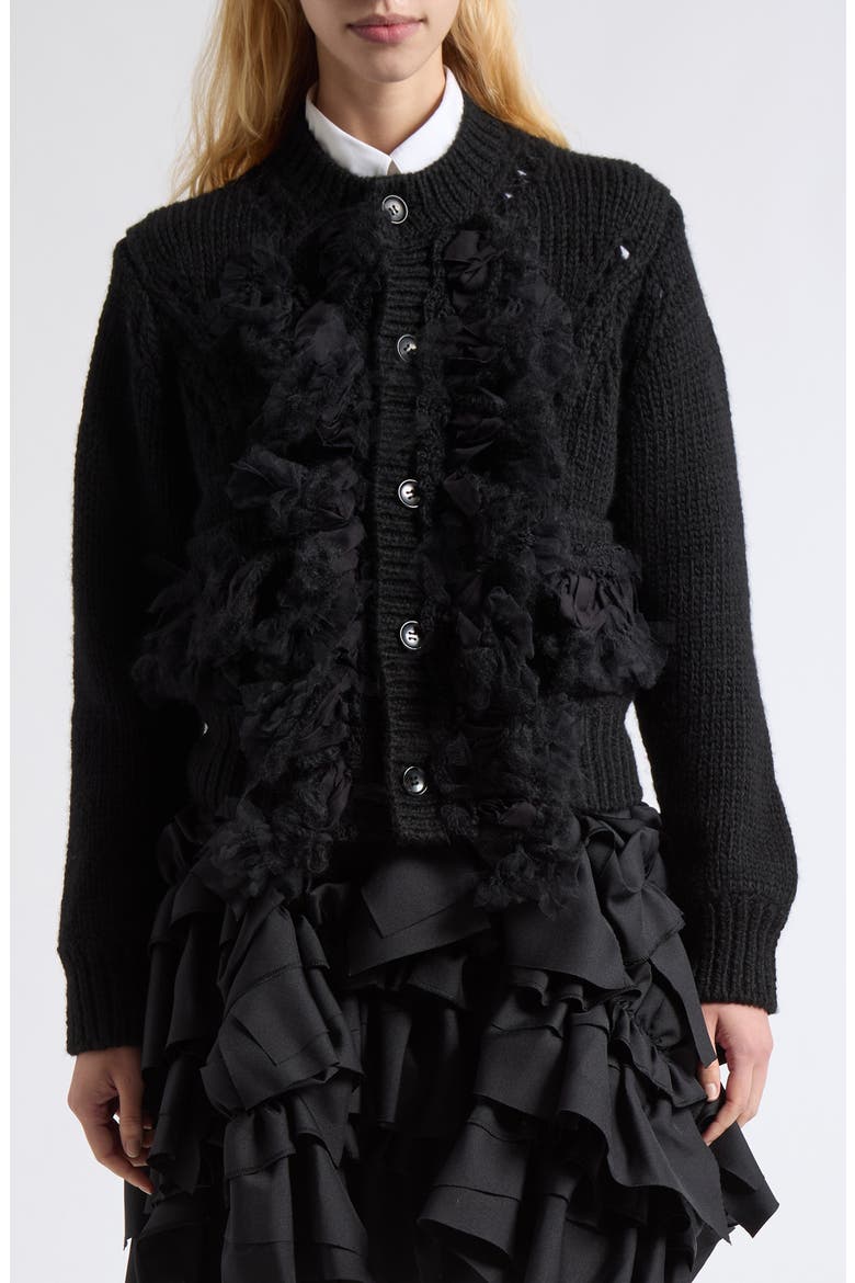 Ruffled Wool Blend Cardigan, Main, color, BLACK