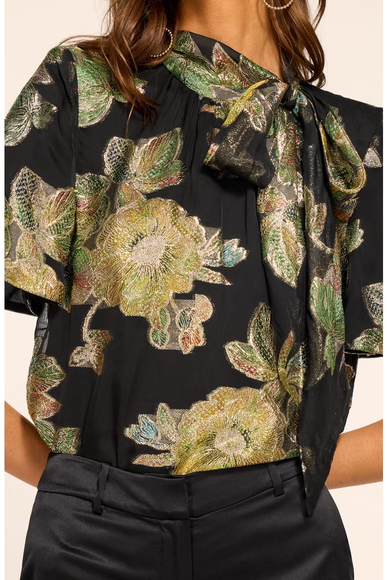 Balinda Floral Metallic Tie Neck Top, Alternate, color, BLACK METALLIC FLORAL