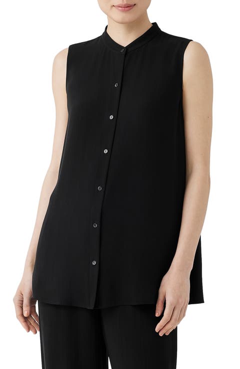 Mandarin Collar Sleeveless Silk Blouse