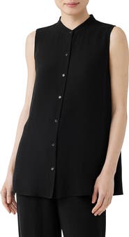 Eileen Fisher Mandarin Collar Sleeveless Silk Blouse