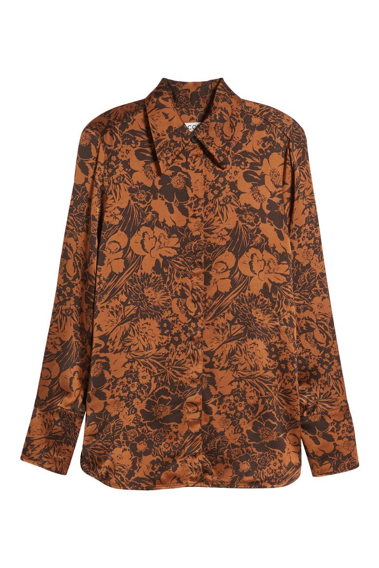 Oversize Floral Satin Button-Up Shirt, Alternate, color, BROWN DARK