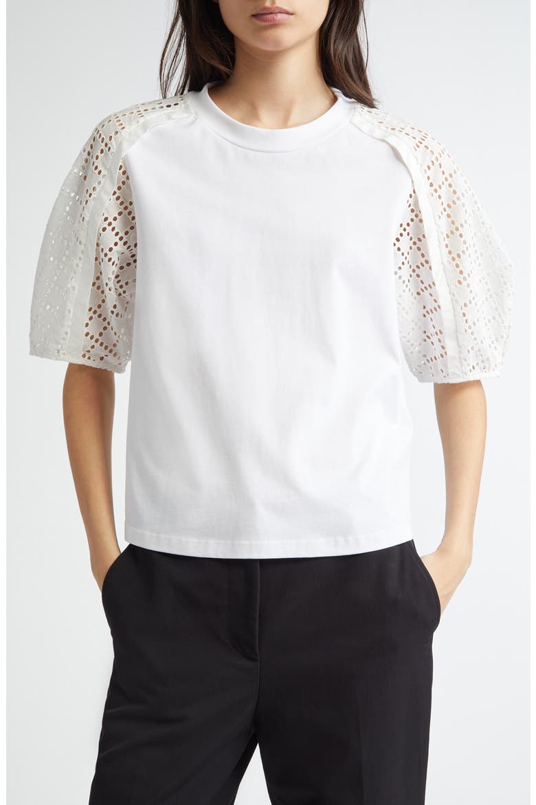 Broderie Anglaise Mixed Media Cotton Top, Main, color, WHITE-WHITE