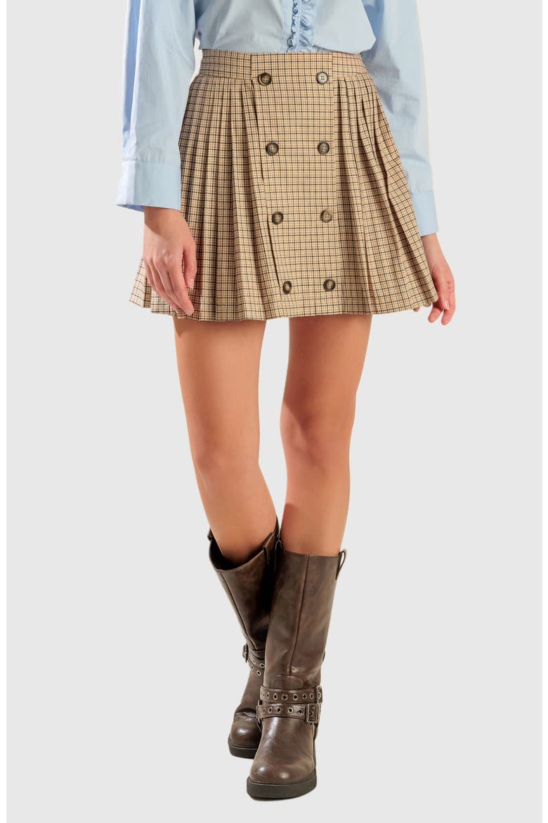 Plaid Pleated Miniskirt, Main, color, LIGHT BROWN