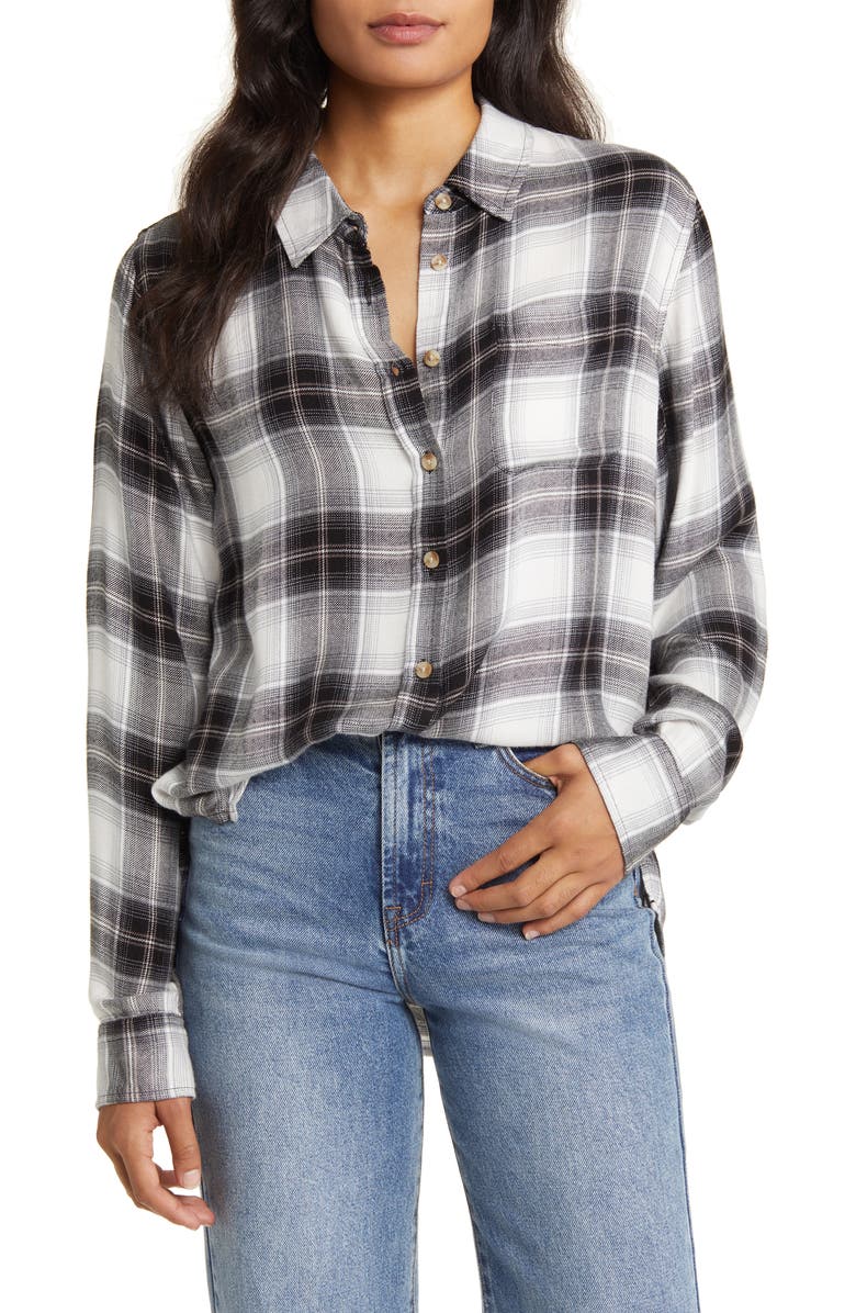 Lucky Brand Camicia Boyfriend A Quadri Cloud Plaid Per Donna - Morbida, Oversize, Maniche Lunghe - Colore Grigio/Blu
