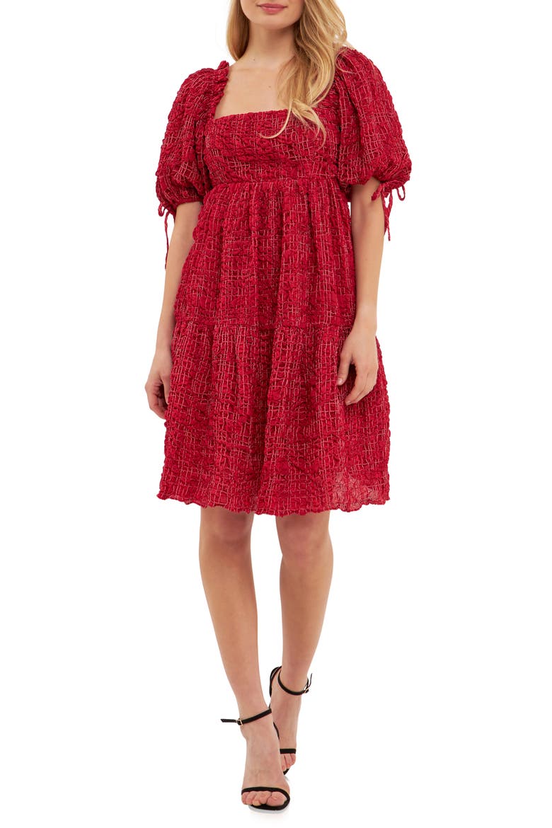 Gingham Crinkled Flounce A-Line Dress, Main, color, BURGUNDY