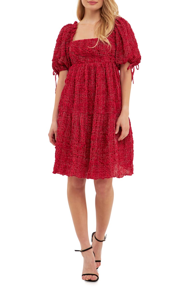 English Factory Gingham Crinkled Flounce A-Line Dress, Main, color, Burgundy