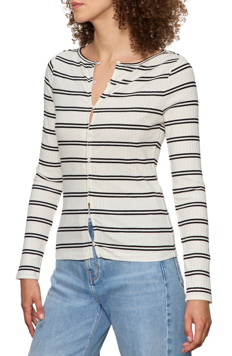 Sanctuary Stripe Button Front Long Sleeve Rib Top, Alternate, color, Chalk White/ Black Stripe