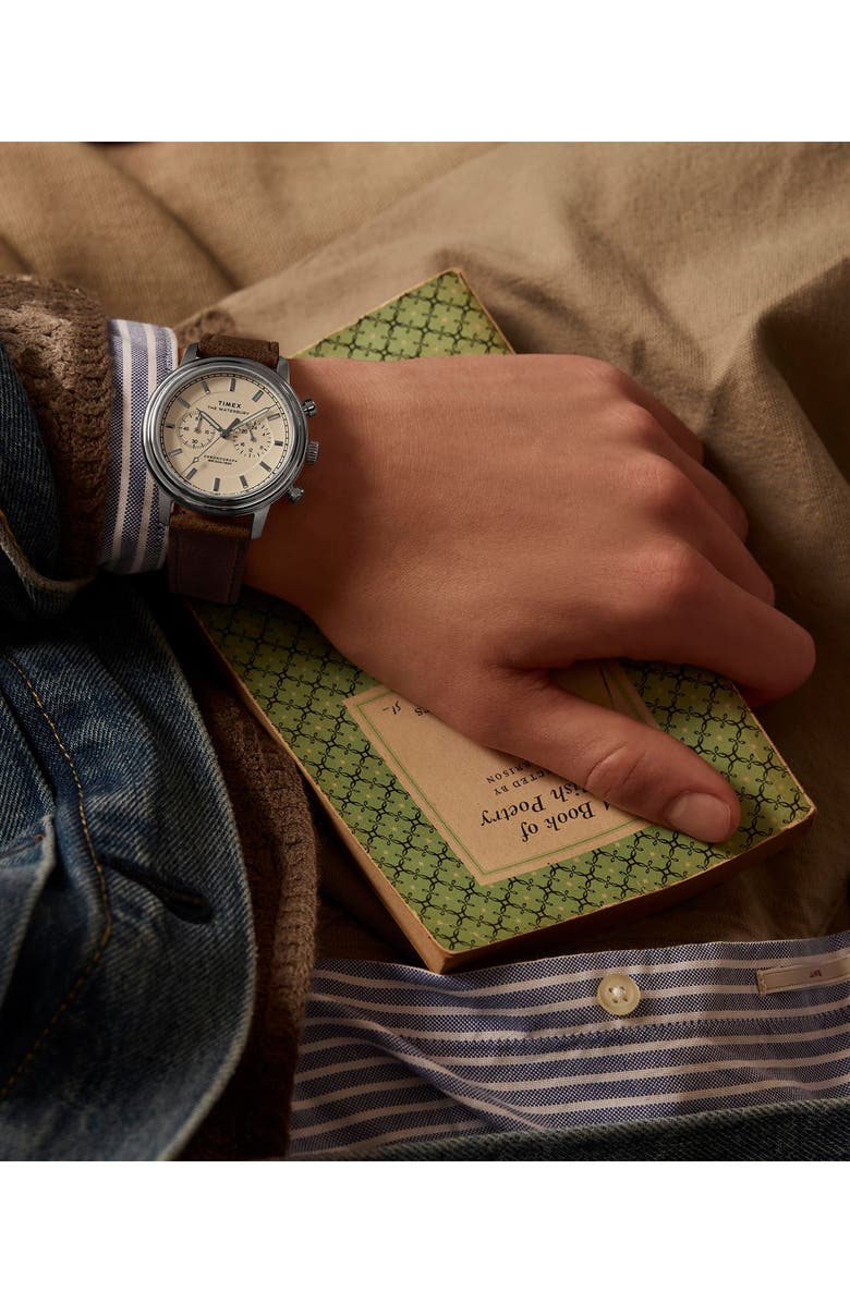Timex<sup>®</sup> Waterbury Metropolitan Chronograph Leather Strap Watch, 41mm, Alternate, color, Brown