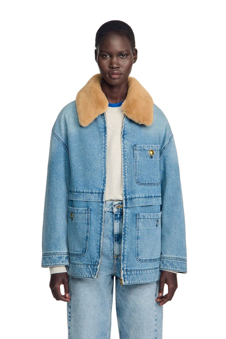 Denim coat with faux fur collar, Alternate, color, Blue jean
