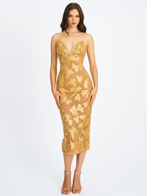 Miss Circle Women Edie Gold Beaded Sequin Midi Pencil Dress In Brown