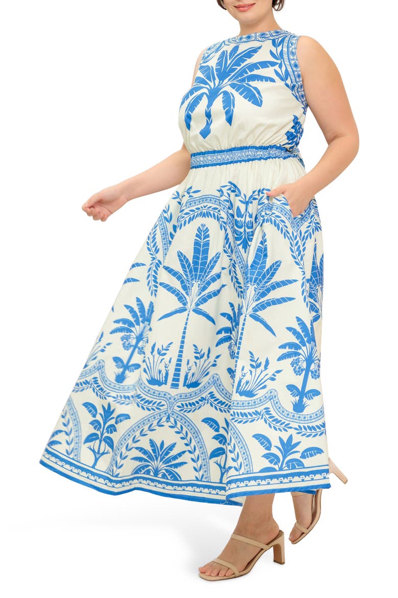 Palm Print Cotton Midi Dress, Alternate, color, IVORY BLUE