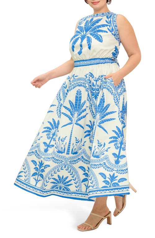 Flying Tomato Palm Print Cotton Midi Dress In Blue