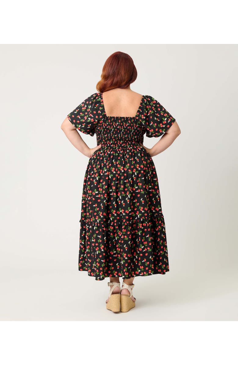 Unique Vintage Plus Size Smocked Bodice Midi Dress, Alternate, color, Black W/Strawberry Print