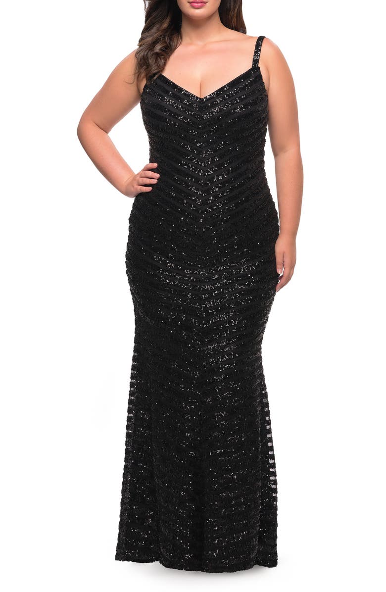 La Femme Sequin V-Neck Trumpet Gown, Alternate, color, 