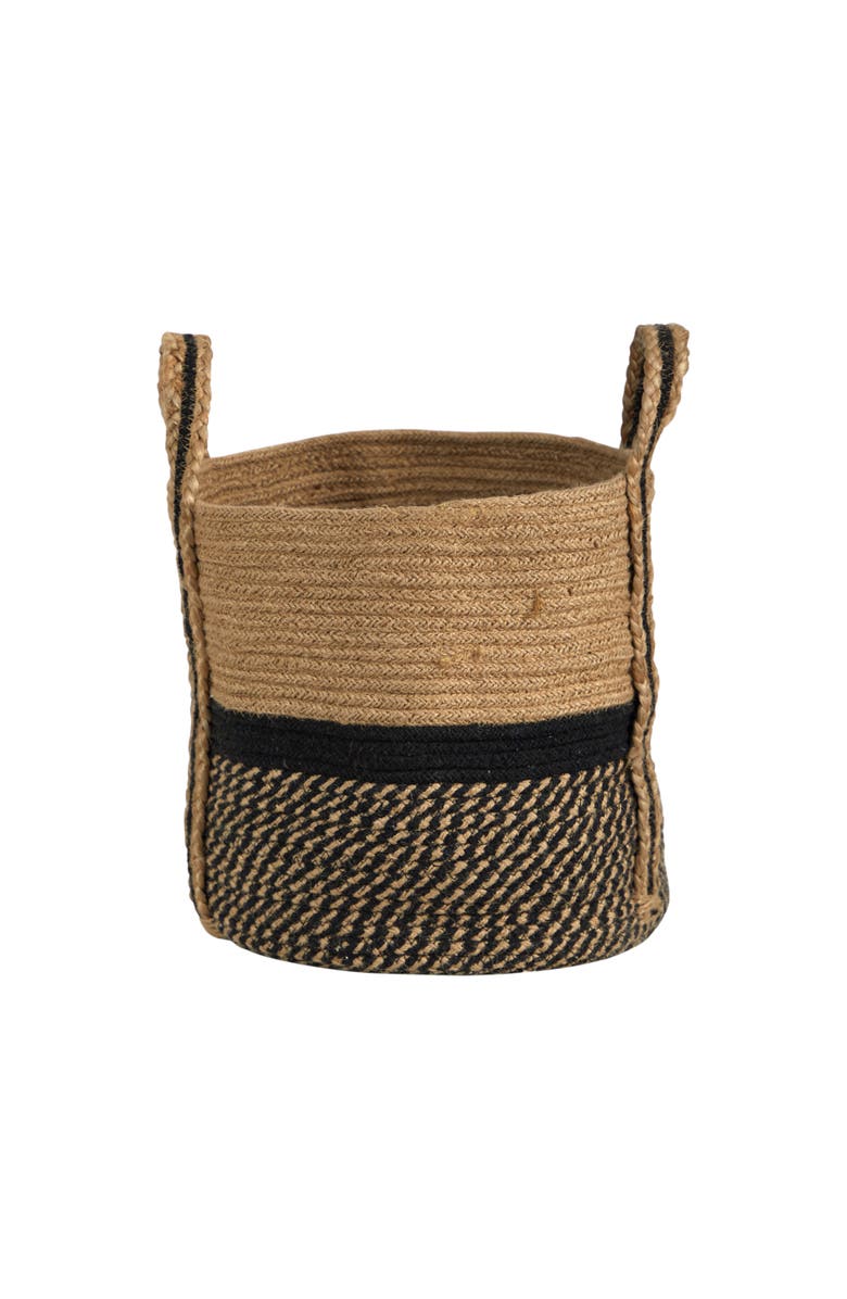 NEARLY NATURAL 13-in Boho Chic Basket Natural Jute Basket Planter, Black Bottom Natural Top with Handles, Main, color, Beige/Black