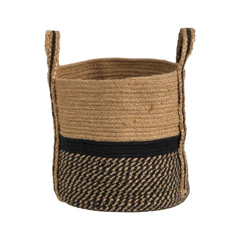 13-in Boho Chic Basket Natural Jute Basket Planter, Black Bottom Natural Top with Handles