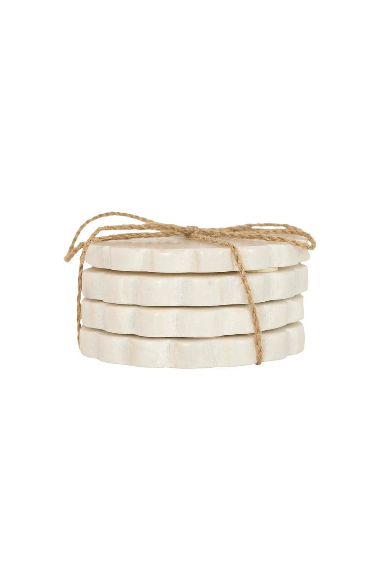 4" Emery Vintage Scalloped White Marble Coasters Set of 3 with Jute Tie, Main, color, White