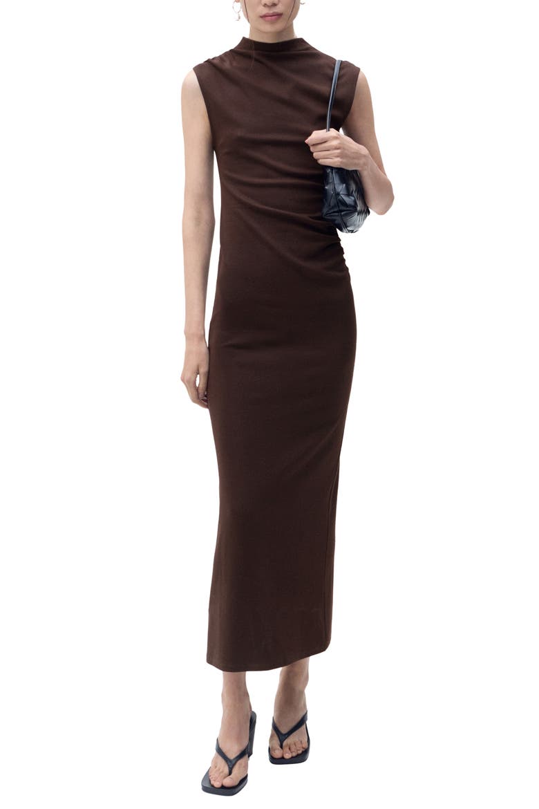 Curra Ruched Sleeveless Column Dress, Main, color, BROWN