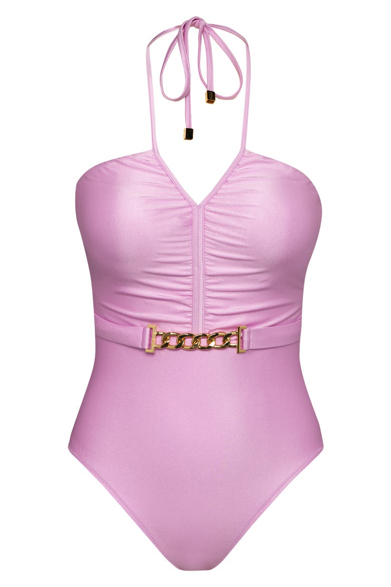 Leila Belted Halter One-Piece Swimsuit, Alternate, color, LIGHT VIOLET