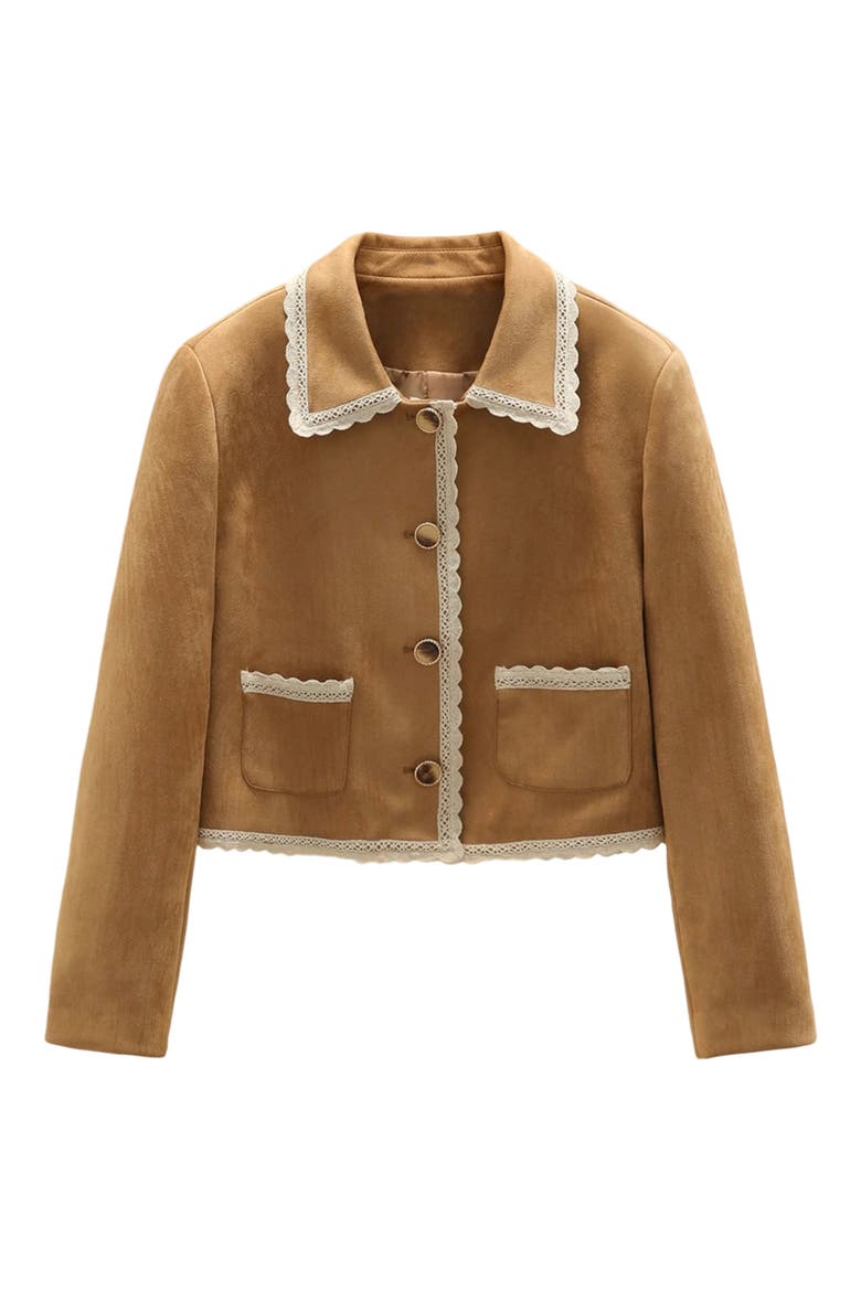 Lace Trim Faux Suede Jacket, Main, color, LIGHT BROWN