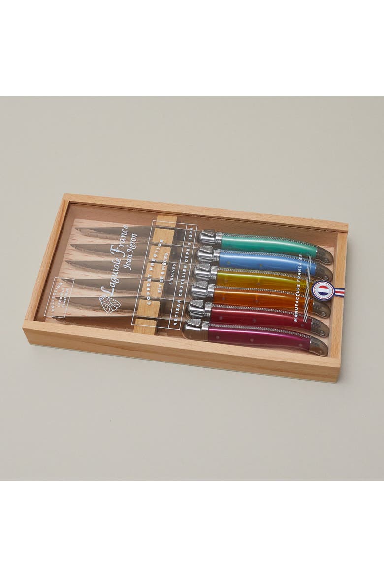 6 Piece Steak Knife Set, Platine Rainbow in Wood Box with Acrylic Lid, Alternate, color, Beige