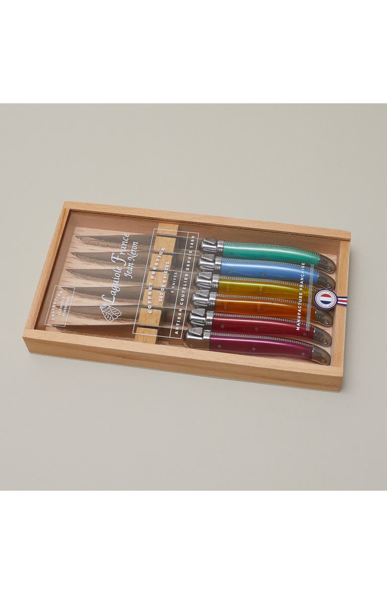 Be Home Laguiole 6 Piece Steak Knife Set, Platine Rainbow in Wood Box with Acrylic Lid, Alternate, color, Beige