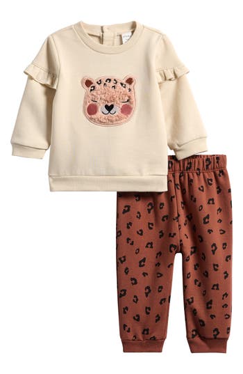 Pl Baby By Petit Lem Ruffle Sweatshirt & Joggers Set In Brown