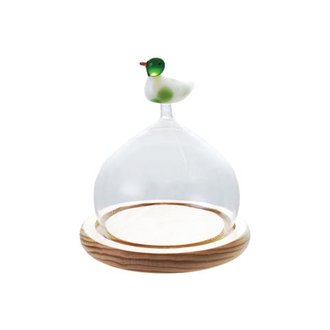 Glass Cloche with Wood Base and Duck Topper