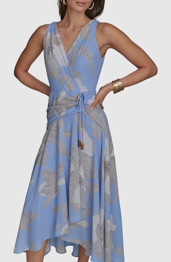【Donna Karan New York】Petite Printed Faux-Wrap Midi Dress DKNY by Donna Karan Surplice V-Neck Short Flutter Sleeve