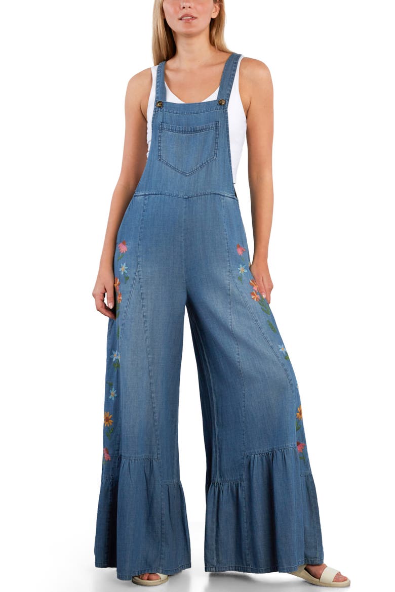 Embroidered Butterfly Overalls, Alternate, color, VINTAGE DENIM
