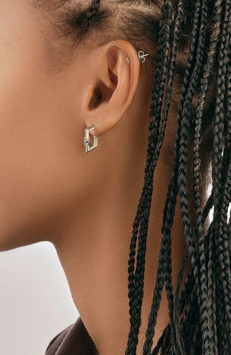 Sterling Forever Rhodium Plated Pave CZ Carabiner Square Hoop Earrings, Alternate, color,