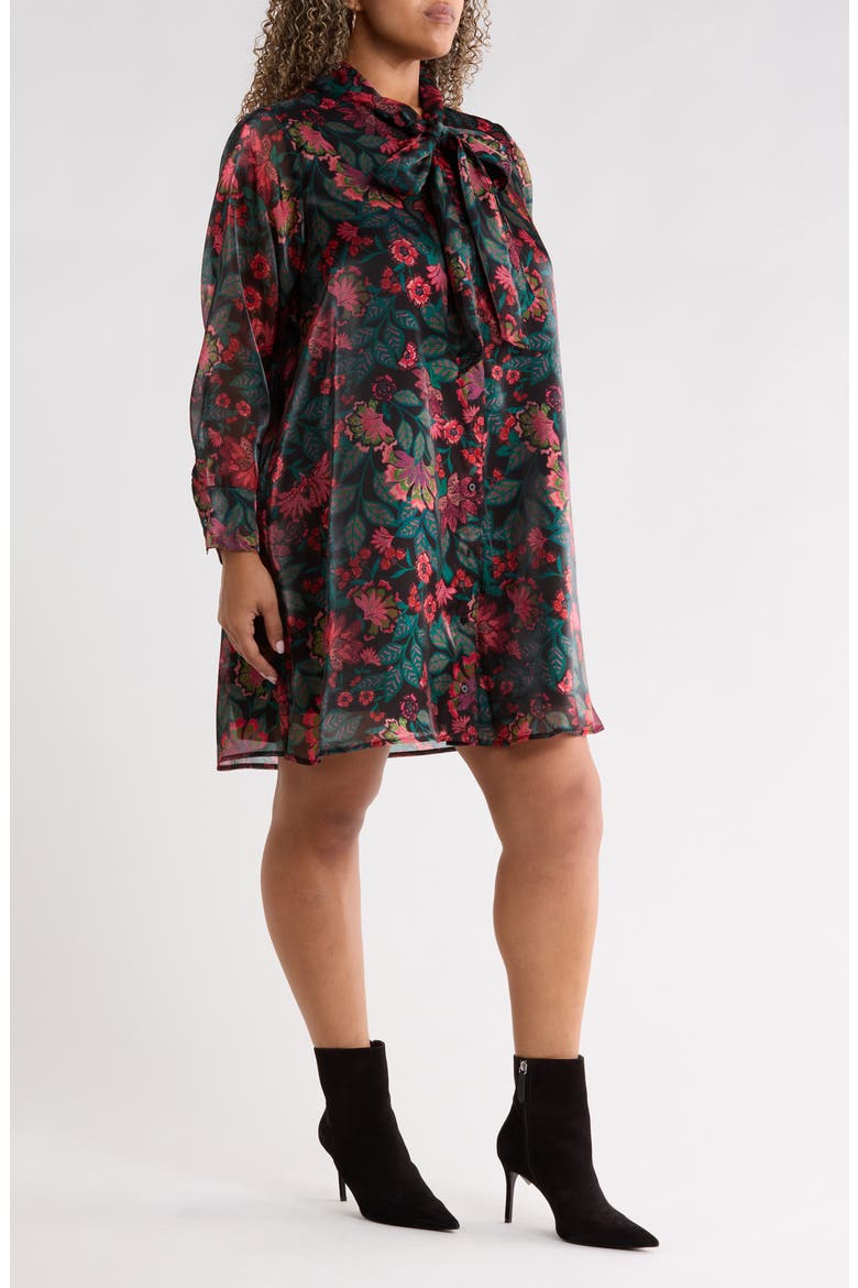 Floral Organza Tie Neck Shift Dress, Alternate, color, BLACK-TEAL-RED