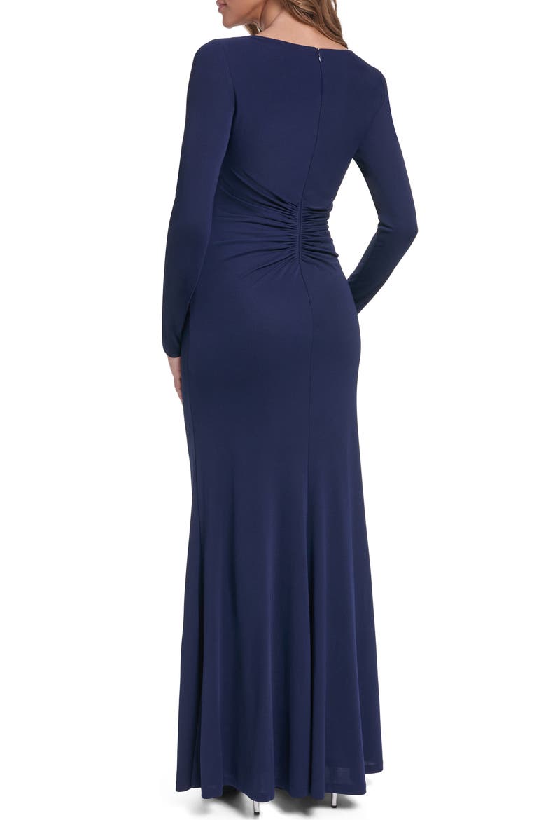 Beaded Detail Side Ruched Long Sleeve Gown, Alternate, color, NAVY