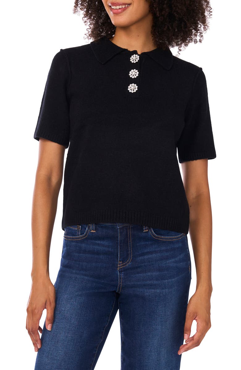 CeCe Jewel Button Polo, Main, color, Rich Black