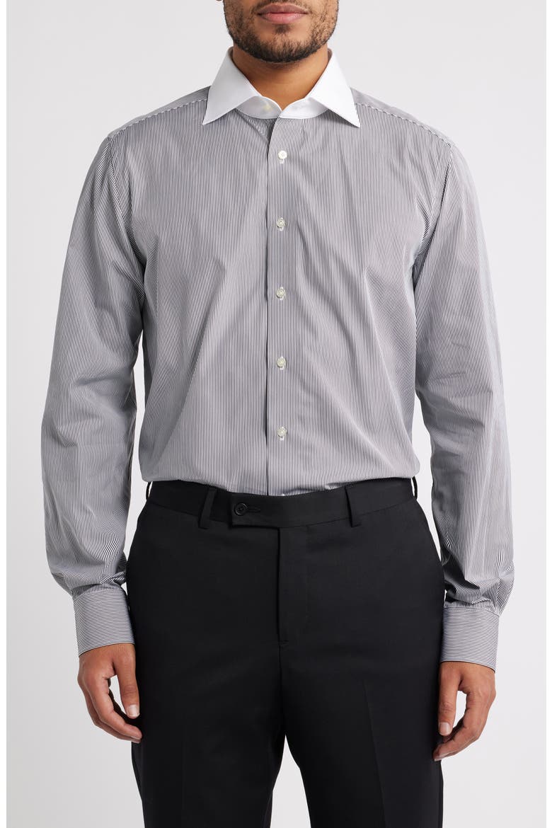 Modern Fit Stripe Cotton Poplin Dress Shirt, Main, color, BLACK